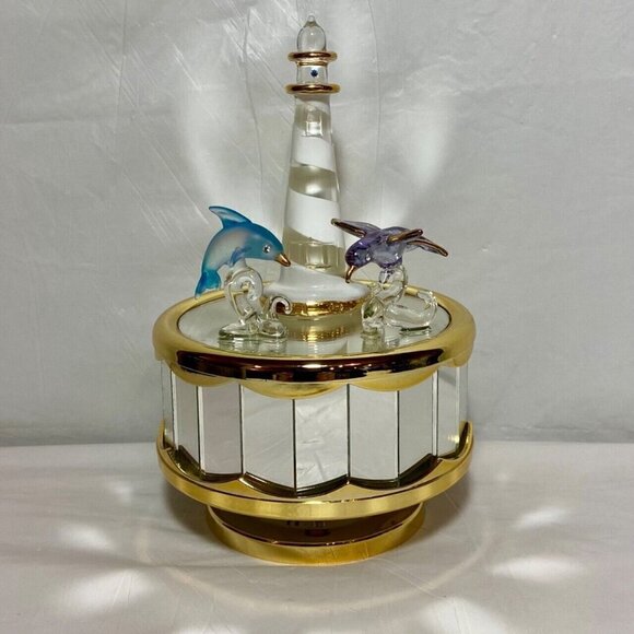 Hand Crafted Mirrored Glass Art Musical Dolphin Seagal & Light Tower Figurines - Picture 1 of 11